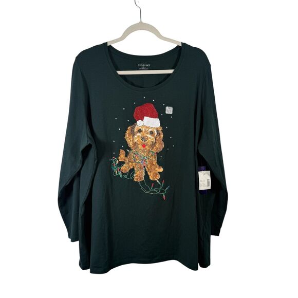 Catherines Dog Christmas Long Sleeve T-Shirt Green Holiday NWT Womens Plus 1x - Picture 1 of 7